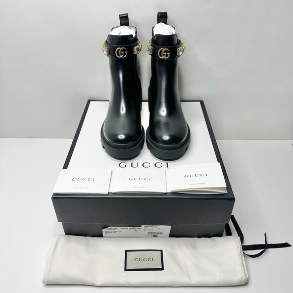 Gucci Magnum 37/US 7 Chelsea Ankle Boots Black Leather Crystal Belt Bootie NIB - Picture 5 of 13